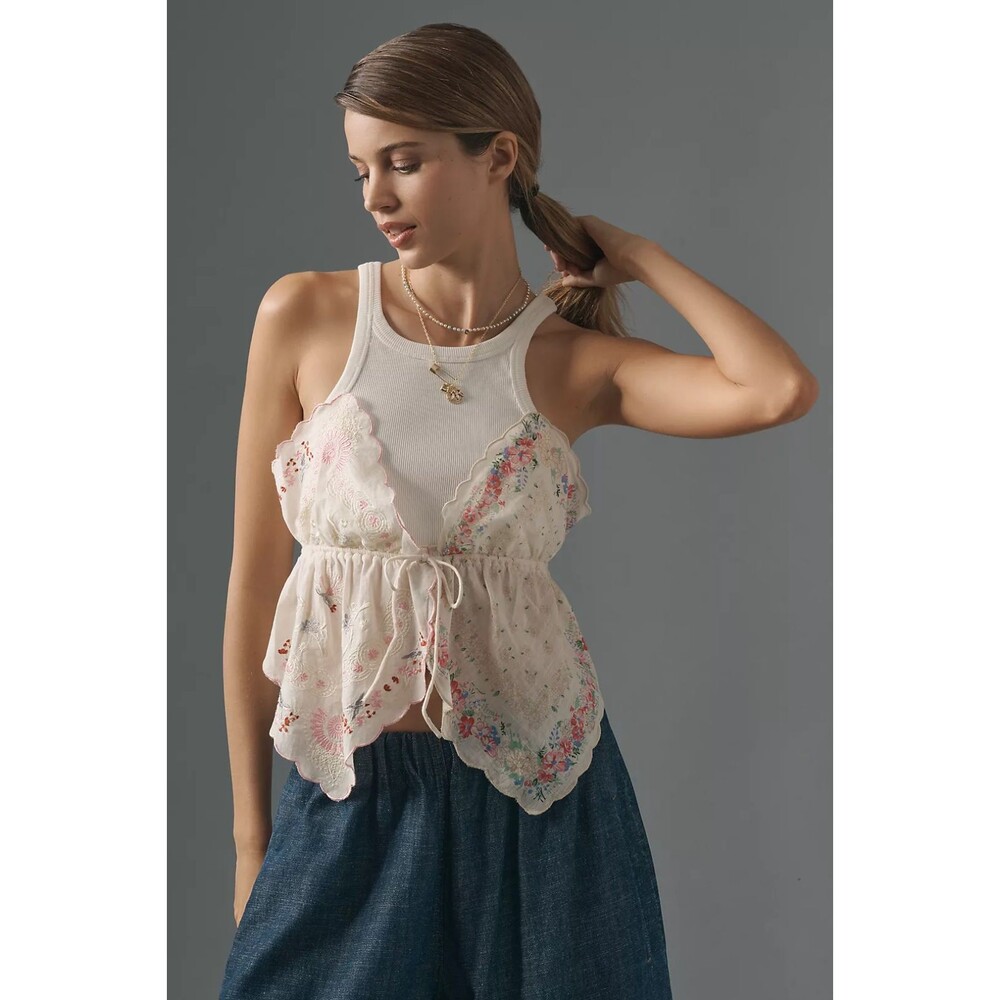 Anthropologie Pieced Scarf Tank Top Embroidered Scalloped Small NEW